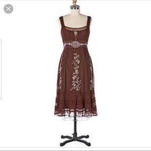 Anthropologie Brown Midi Dress with White Embroidery